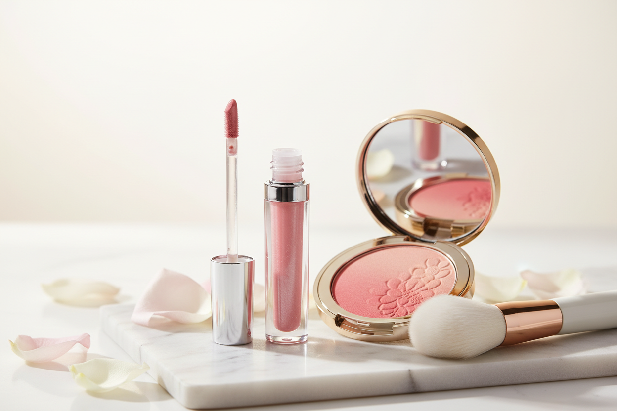 showcase a beauty product like a lip gloss and blush 